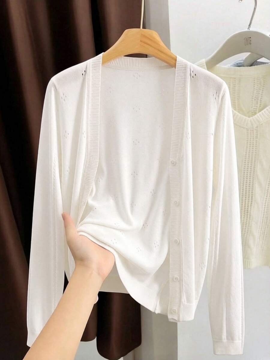 GIGOGOU Áo khoác cardigan dài tay dệt kim nhẹ, thoáng khí dành cho nữ, thiết kế tối giản, màu trắng, thích hợp cho mùa xuân/hè. - trắng - Xem 1
