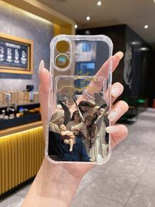 Religious 1pc White Quadrangular Shockproof TPU Case With Lettering & Happy Family Pattern, Compatible With Apple, Android, Phones - Multicolor - View 1