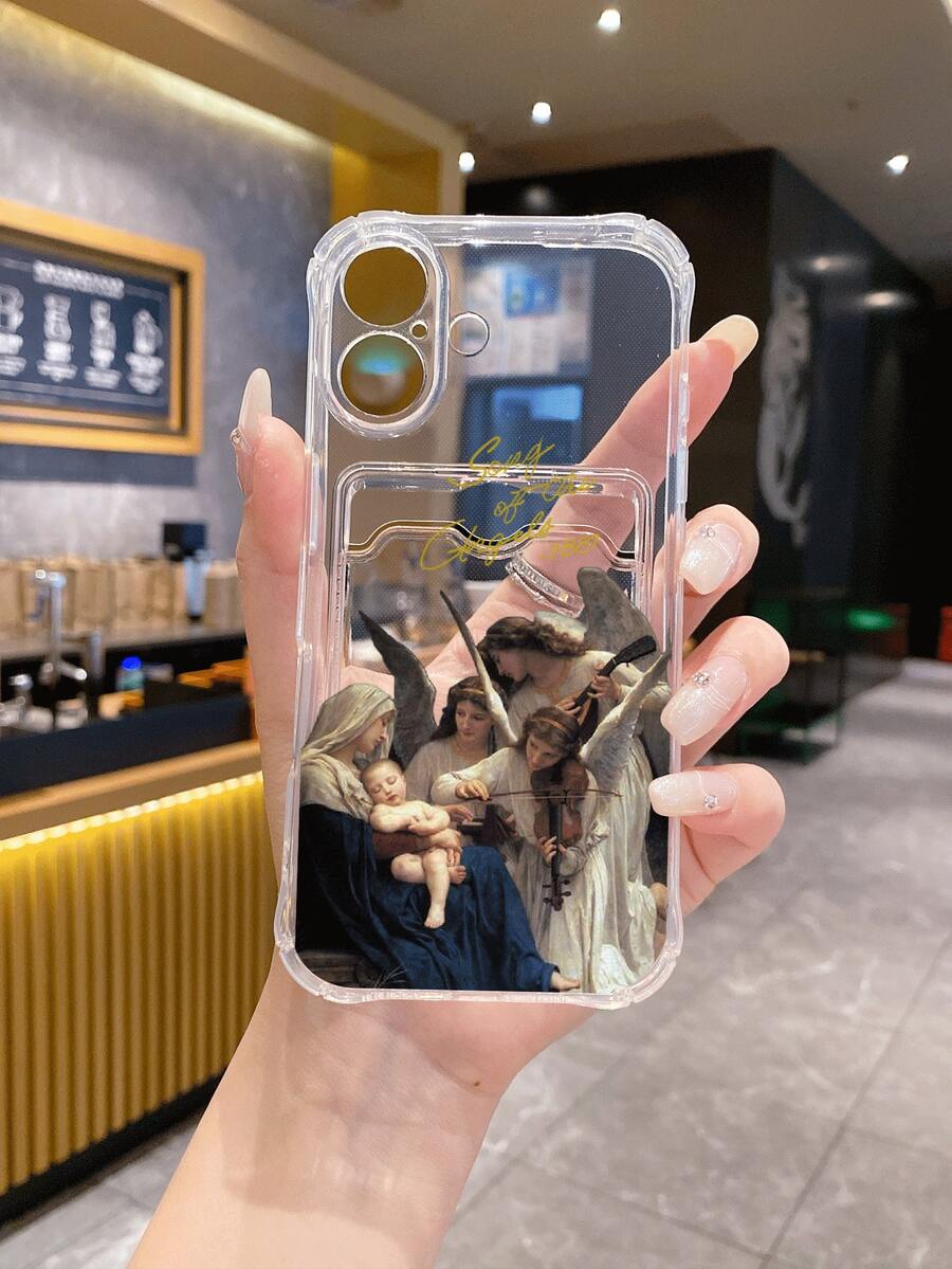 Religious 1pc White Quadrangular Shockproof TPU Case With Lettering & Happy Family Pattern, Compatible With Apple, Android, Phones - Multicolor - View 1