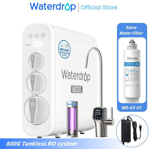 Waterdrop / WD-G3P800 Tankless Under Sink RO Water Filter System / Extra WD-G3-N1CF Water Filter Set / 800 GPD Fast Flow / Smart Faucet
