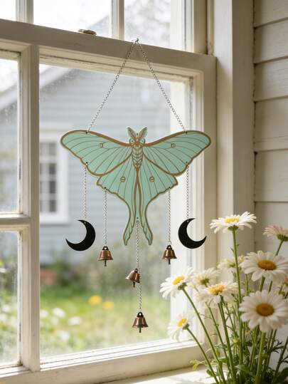 1件蝴蝶风铃壁挂装饰，波西米亚风月亮铃铛吊坠，复古艺术装饰，自然风格，适用于花园、露台、门口、窗户、客厅、卧室、乔迁之喜、节日派对、室内/室外