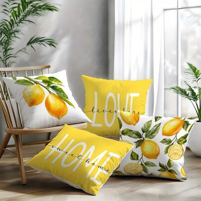 4-Piece Set, Watercolor Lemon Single-Sided Printed Pillowcase, Pattern 4-Piece Set (17.71in * 17.71in/45cm * 45cm) For Home Comfort Decoration Cushion Cover, Suitable For Living Room And Bedroom Sofas, No Pillow Core