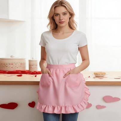 Avental de cintura feminino vintage com bolsos para cozinha, empregada doméstica, vestido retrô com babados (1 peça).