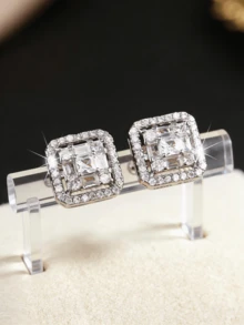 Dainty Square Halo CZ Earrings Teen School & Date Fashion Jewelry - Silver - View 1