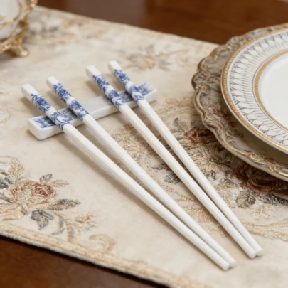 4/10 陶瓷餐具，饰有花卉图案，品质上乘，防滑、耐热、卫生且易于清洁。适用于家庭和餐厅使用。（不含封面图片所示的底座）