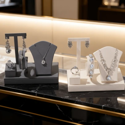 Giá trưng bày trang sức cao cấp được thiết kế dành cho các quầy hàng sang trọng, gồm bốn tầng để trưng bày và lưu trữ bộ sưu tập trang sức lớn. Giá có thể chứa bông tai, nhẫn, vòng tay/đồng hồ và dây chuyền, tạo nên vẻ ngoài đặc biệt thu hút cho việc chụp ảnh sản phẩm.