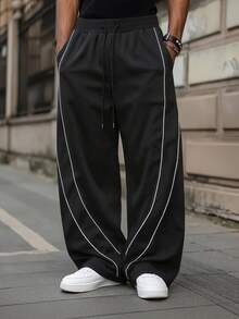 Pantalones casuales sueltos con cintura con cordón y bolsillos a rayas para hombres - Negro - Ver 1