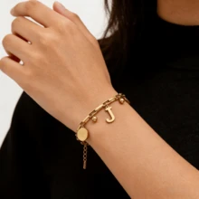 1pc Fashion Hip-Hop Style Stainless Steel Bracelet - 18K Gold Plated Adjustable Chain With Round Charm & Letter Pendant, Jewelry Gift For Girls, Women, Family And Friends - Gold - View 2