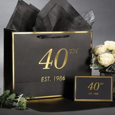 1set/2set/5set,Birthday Gift Bags For Ages 21/30/40/50/60, With Greeting Cards And Tissues, Suitable For Both Men And Women. , For Ages 21/30/40/50/60 (2005/1996/1986/1976/1986) Elegant Black And Gold Anniversary Party Gift Shopping Paper Bags For Gift Wrapping, Suitable For Gifting(Black/Pink)