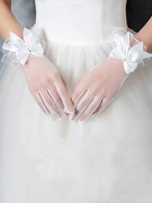 1 双女士薄纱蝴蝶结短款露指手套，新娘/伴娘婚礼手套，全指蝴蝶结摄影手套，蕾丝网眼时尚手套（白色，红色） - 短蝴蝶結分指手套 - 查看 7