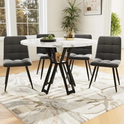 Dining Chair Set (5 Pieces), Dining Chair Set With 4 Chairs, Modern Kitchen Dining Chair Set, Round Table Diameter 100 Cm, Black Table Legs, White Marble Tabletop, Grey Velvet Dining Chair - Grey - View 1