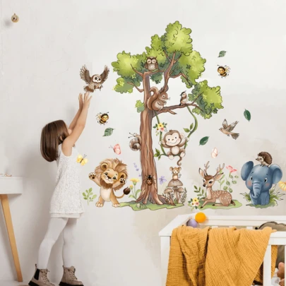 可移除可爱动物墙贴，适合婴儿房，卡通星月墙贴，儿童卧室装饰艺术