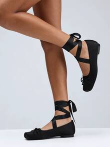 Ballet Flat Shoes Satin For Women Square Toe Bow Lace Up Ribbon Strappy Mary Jane Slingback Ballerina Pumps Lolita Party Wedding Prom Dress Cute Shoes - 黑色 - 查看 5