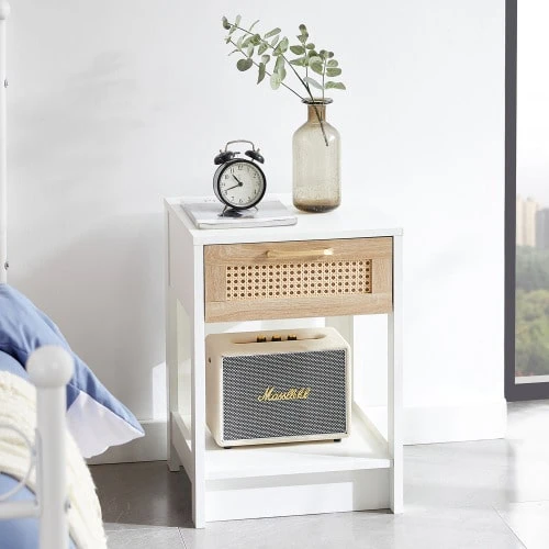 Rattan Side Table, Modern Bedside Table, Living Room/Bedroom End Table, White - H 55 / W 40 / D 40 Cm - White - View 1