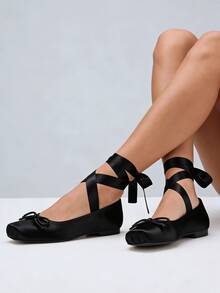 Ballet Flat Shoes Satin For Women Square Toe Bow Lace Up Ribbon Strappy Mary Jane Slingback Ballerina Pumps Lolita Party Wedding Prom Dress Cute Shoes - 黑色 - 查看 3