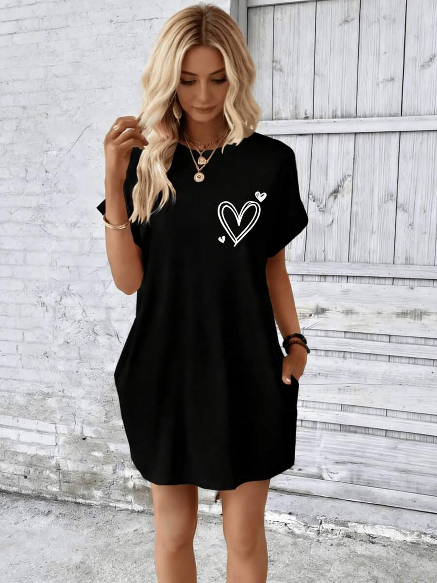Cute Heart Print Women's Short Sleeve Dress, Casual Wear, Loungewear, Travel Outfits, Fashionable & Comfortable Clothing, Streetwear Style, Summer Beach Vacation Fashion UBK9 - 黑色 - 查看 1
