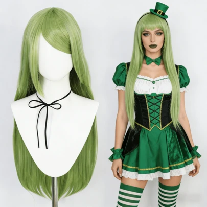 圣帕特里克节女士假发，高品质长直绿色假发，动漫角色扮演及韩流风格假发，适合女士派对装饰