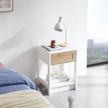 Rattan Side Table, Modern Bedside Table, Living Room/Bedroom End Table, White - H 55 / W 40 / D 40 Cm - White - View 10