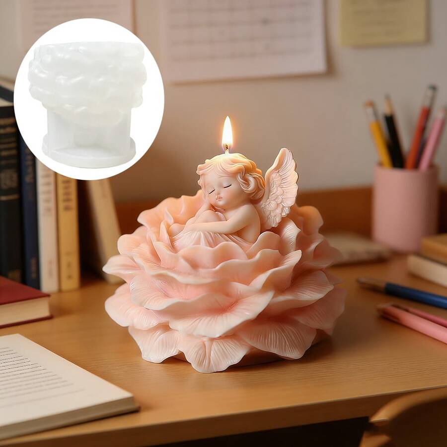 天使宝宝坐在莲花香薰蜡烛上的硅胶模具，DIY 睡着的天使宝宝和他的莲花宝座，适用于树脂、石膏、粘土、混凝土、水泥工艺品，硅胶模具，礼品和家居装饰 - A-白色 - 查看 1