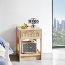 Rattan Side Table With Drawers, Modern Bedside Table, Living Room/Bedroom End Table, Natural Wood Grain Look - H 55 / W 40 / D 40 Cm - Khaki - View 4