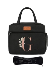 带拉链的保温午餐包，玫瑰金花卉字母A-Z图案，附赠黑色餐具袋，帆布保温午餐盒，拉链封口，大容量铝箔内衬双层拉链午餐手提袋，大容量保温冷藏包，学生适用，便携式旅行野餐包，办公学校保温午餐包，保温午餐盒，办公室假日午餐盒，多功能户外学生午餐盒，男女通用，返校季，母亲节礼物，复活节礼物 - 彩色 - 查看 24