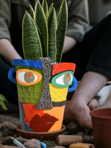 1pc Mini Colorful Abstract Art Resin Planter With Face Design, Balcony Succulent & Green Plant Pot Decoration (Please Pay Attention To The Size Before Purchasing) - 1PC - View 4