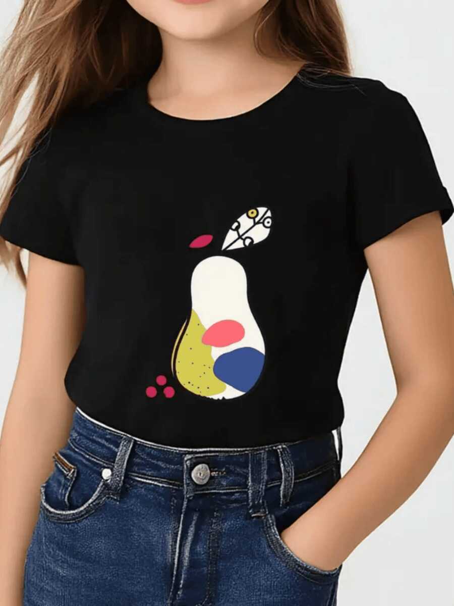 La imagen muestra una pera abstracta formada por manchas de colores vivos que evocan alegría creatividad y naturaleza inspirando frescura y diversión en cada uso camiseta blanca suave 220g ropa para niños ideal para verano - Negro - Ver 1
