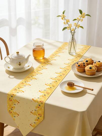 1set Yellow Bee Honeycomb Table Runner & Tablecloth Set, Cute Floral Table Decor, Farmhouse Kitchen Dining Table Linen For Spring, Summer, Holiday