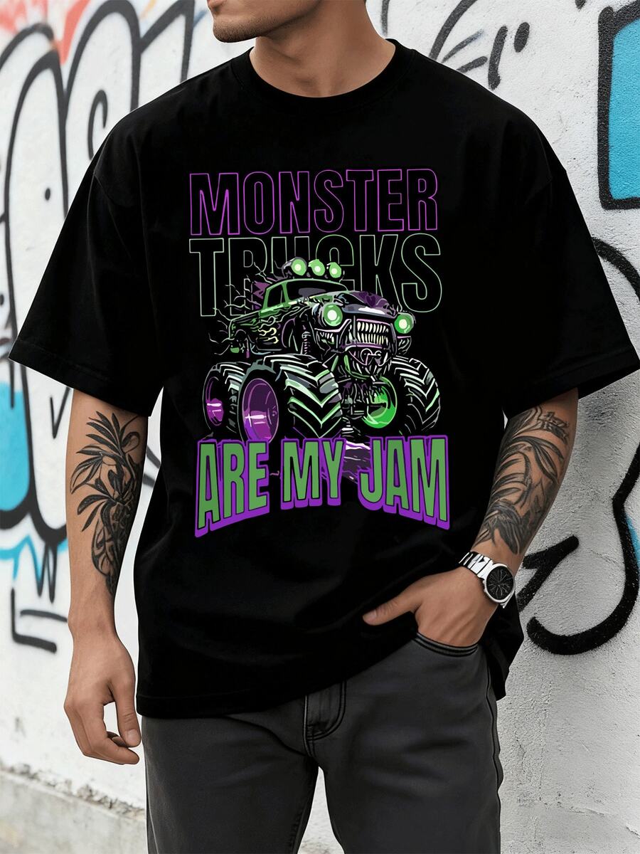 Monster Trucks Are My Jam In Vivid Colors; Show Off Your Passion With This Cool Tee! The Graphic Features A Detailed Monster Truck With Glowing Green Eyes 138 - màu đen - Xem 1