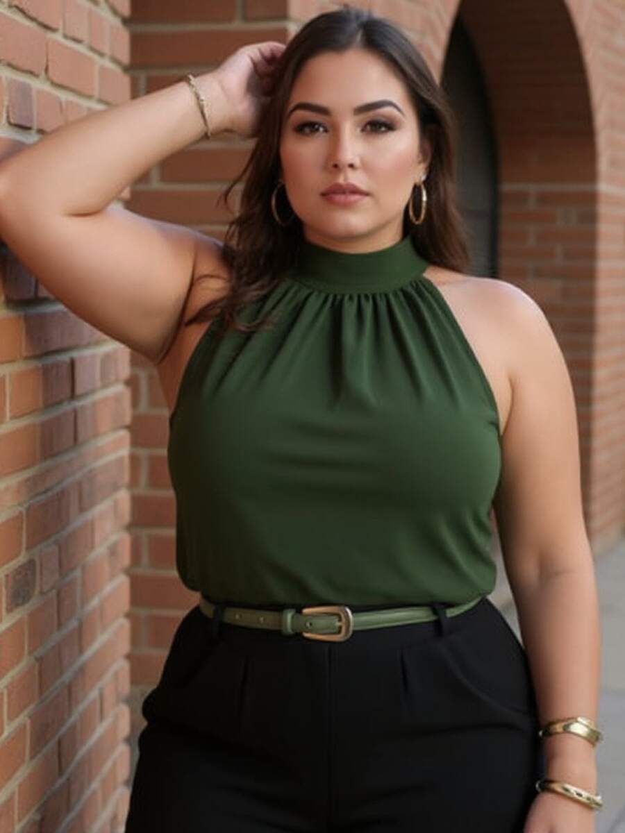 Elegant Plus Size Tank Top/Blouse, High Neck And Sleeveless, Large Sizes. - xanh quân đội - Xem 1