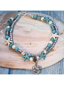 1pc Retro Exaggerated European/American Style Summer Beach Turtle Pendant, Starfish & Turquoise Anklet - Multicolor - View 4