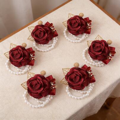 1pc/6pcs Elegant Bride Bridesmaid Wedding Wrist Corsage, Burgundy Satin Ribbon Rose Gold Leaf Pearl Elastic Wristband Flower, Suitable For Wedding, Party, Prom, Valentine's Day, Banquet