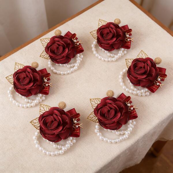 1pc/6pcs Elegant Bride Bridesmaid Wedding Wrist Corsage, Burgundy Satin Ribbon Rose Gold Leaf Pearl Elastic Wristband Flower, Suitable For Wedding, Party, Prom, Valentine's Day, Banquet