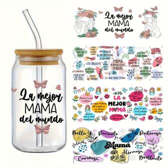 4 piezas Pegatinas de transferencia UV DTF con texto en español "Mejor Mamá" - Patrones vibrantes de flores y mariposas, adecuado para tazas de vidrio Libbey de 16 oz DIY, etiquetas de cristal, citas inspiradoras, pegatinas fáciles de despegar y pegar, tazas personalizadas | Patrón de mariposa | Pegatinas de transferencia