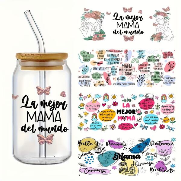 4pcs Spanish "Best Mom" UV DTF Transfer Stickers - Vibrant Floral And Butterfly Patterns, Suitable For 16oz Libbey Glass Cup DIY Crystal Labels, Inspirational Quotes, Easy Peel And Stick Decals, Personalized Mugs | Butterfly Pattern | Transfer Stickers