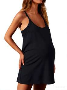 Maternity Womens Athletic Sleeveless Mini Dress Hot Shot Casual Dresses Spaghetti Strap Nursing Dresses Built In Shorts - 黑色 - 查看 2