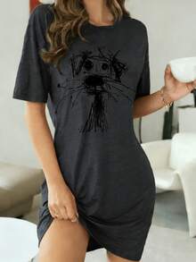 Abstract Dog Print Women's Short Sleeve Dress, Outfit, Loungewear, Travel, Fashion Clothing, Comfortable Wear, Streetwear Style GLU4 - 深灰色 - 查看 1