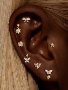 1Pc 925 Sterling Silver Cute Butterfly Cubic Zirconia Stud Earring Flat Back Cartilage Helix Piercing Suitable For Women'S Daily Wear, Parties, Wedding, And Banquet Occasions - Gold - View 1