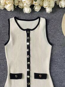 优雅女士针织罗纹长裙，高腰修身无袖时尚派对连衣裙，前襟纽扣设计，适合春、夏、秋季休闲、派对、校园、街头穿着，尽显高贵典雅的气质。 - 香檳色 - 查看 4