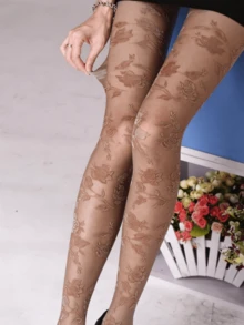 女士玫瑰图案丝袜，时尚百搭，适合日常穿着 - 咖啡棕 - 查看 2