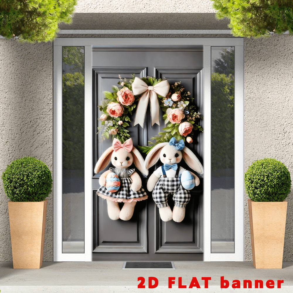 2D Flat Banner Charming Plush Bunny Easter Wreath Flag - Suitable For Indoor And Outdoor Decoration, Perfect For Front Doors, Living Rooms, Etc. - No Batteries Required.