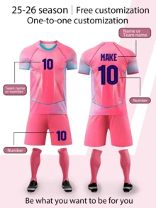 2pcs/Set Personalized Pink Allover Print Football Uniform For Boys, 25-26 Years, Customized Name & Number/Club Logo, Sports Player Style Short Sleeve Shirt & Shorts Set, Suitable For Boys & Girls Sports, Cycling, Outdoor Running, Soccer, Celebrity Same Style, Y2K Style - Pink - View 1