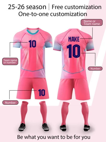2pcs/Set Personalized Pink Allover Print Football Uniform For Boys, 25-26 Years, Customized Name & Number/Club Logo, Sports Player Style Short Sleeve Shirt & Shorts Set, Suitable For Boys & Girls Sports, Cycling, Outdoor Running, Soccer, Celebrity Same Style