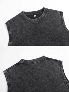 Sleeveless Printed T-Shirt, Y2K Style Street Fashion Men's Washed Vest (220g Pure Cotton), Vintage Pattern Fun Print, Hip-Hop Style, Men's Summer Round Neck Short-Sleeved Casual T-Shirt, Men's Summer Streetwear. - màu đen - Xem 3