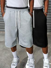 Men's Casual Loose Fit Drawstring Pants With Side Pockets, 3/4 Length, Suitable For Men's Fitness & Running, Pure Black Polyester, Versatile For All Seasons Summer - Light Grey - View 4
