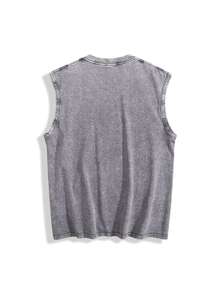Sleeveless Printed T-Shirt, Y2K Style Street Fashion Men's Washed Vest (220g Pure Cotton), Vintage Pattern Fun Print, Hip-Hop Style, Men's Summer Round Neck Short-Sleeved Casual T-Shirt, Men's Summer Streetwear. - 灰色 - 查看 2