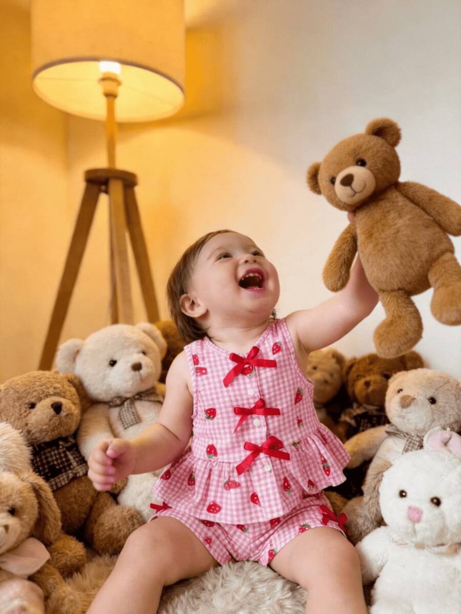 Conjunto de 2 piezas de niña bebé con lazo a cuadros rosados - Rosa - Ver 1