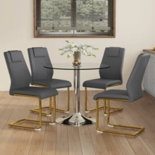 Dining Table And Chairs Set: Modern And Minimalist Glass Dining Table With A Diameter Of 85 Cm, Paired With 4 Dining Chairs With Gold Metal Legs And Dark Grey PU Seats. - Grey - View 2