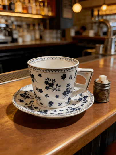 1 Set Blue & White Porcelain With Gold Trim Cup & Saucer Set, European Retro Style Turkish Coffee/Tea Cup & Saucer, Afternoon Tea Set, High-Quality Ceramic Cup With Saucer, Multi-Purpose Drinkware