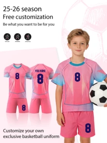 2pcs/Set Personalized Pink Allover Print Football Uniform For Boys, 25-26 Years, Customized Name & Number/Club Logo, Sports Player Style Short Sleeve Shirt & Shorts Set, Suitable For Boys & Girls Sports, Cycling, Outdoor Running, Soccer, Celebrity Same Style, Y2K Style - Pink - View 2